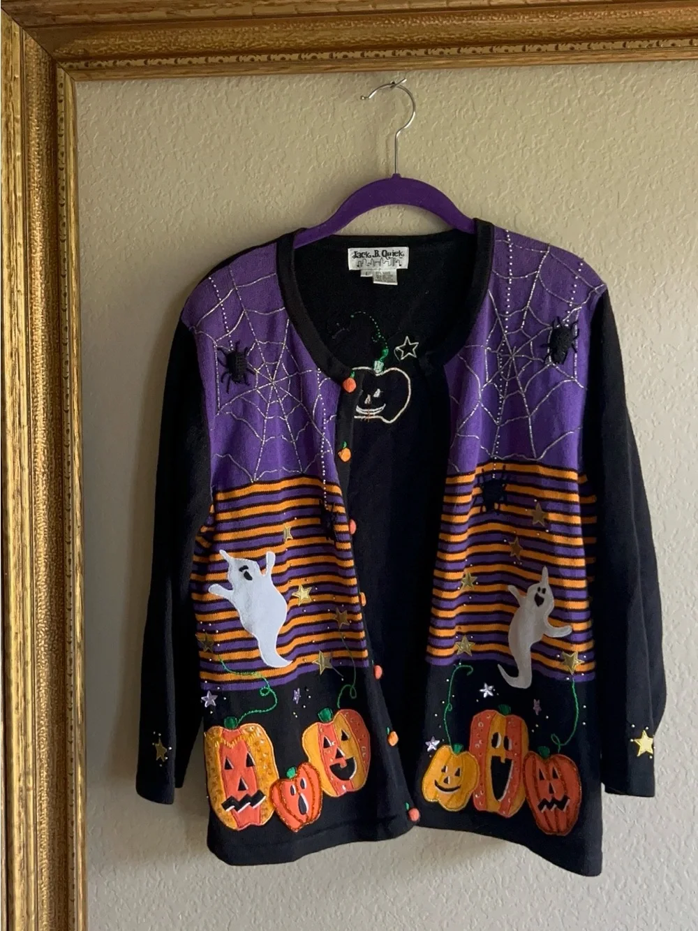 Jack B. Quick Halloween Cardigan Sweater - Black with Ghosts, Spiders, Pumpkins - Picture 7 of 9
